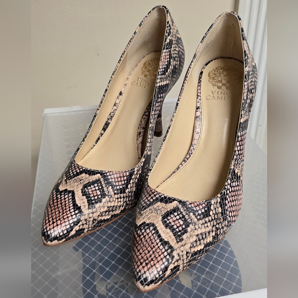 Vince Camuto Pink and Black Snake Print Heels